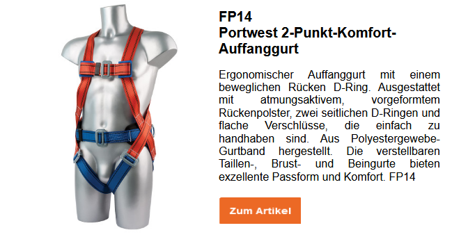 Bild des Portwest 2-Punkt-Komfort-Auffanggurts FP14 in Rot und Blau nebst einer kurzen Beschreibung des Artikels, die auf der Artikelseite einsehbar ist. Ein Link zum Artikel ist hinterlegt.