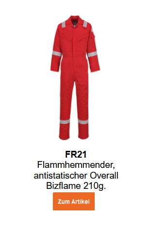 Bild des Flammhemmenden, antistatischen Overalls Bizflame 210g FR21 in Rot. Ein Link zum Artikel ist hinterlegt.