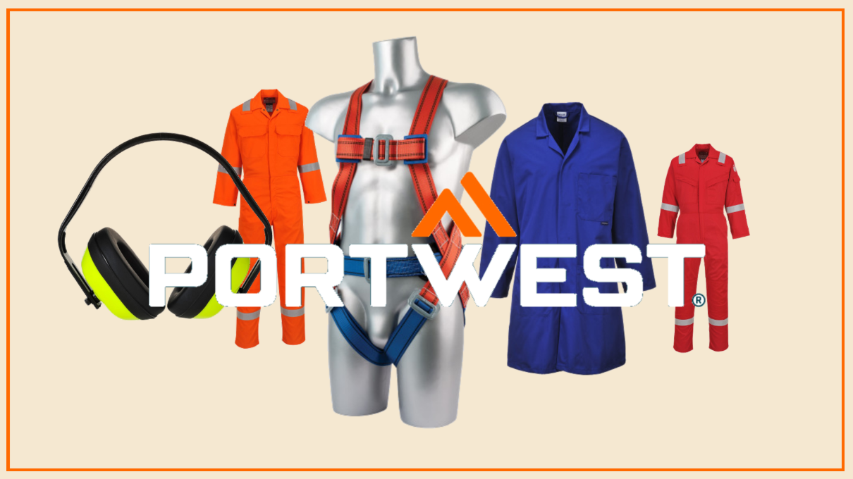 Aufreihung unserer meistgesuchten Produkte (Flammhemmender, antistatischer Overall Bizflame 210g FR21 in Rot, Portwest 2-Punkt-Komfort-Auffanggurt FP14 in Rot und Blau auf graunem Plastiktorso, Klassischer Kapselgehörschutz PW40 in Schwarz und Gelb, Standard Berufsmantel 2852 in Blau und Flammhemmender Overall Bizweld Iona BIZ5 in Orange) auf beigem Grund. Ein oranges Recheck rahmt die Collage ein, mittig vor den Artikeln platziert ist das Logo des Herstellers Portwest in weißen Buchstaben und mit orangem Doppeldreieck.