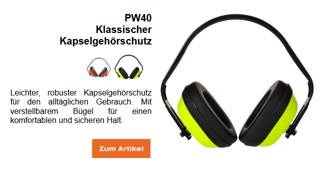 Bild des Klassischen Kapselgehörschutzes PW40 in Schwarz und Gelb nebst einer kurzen Beschreibung des Artikels, die auf der Artikelseite einsehbar ist. Ein Link zum Artikel ist hinterlegt.