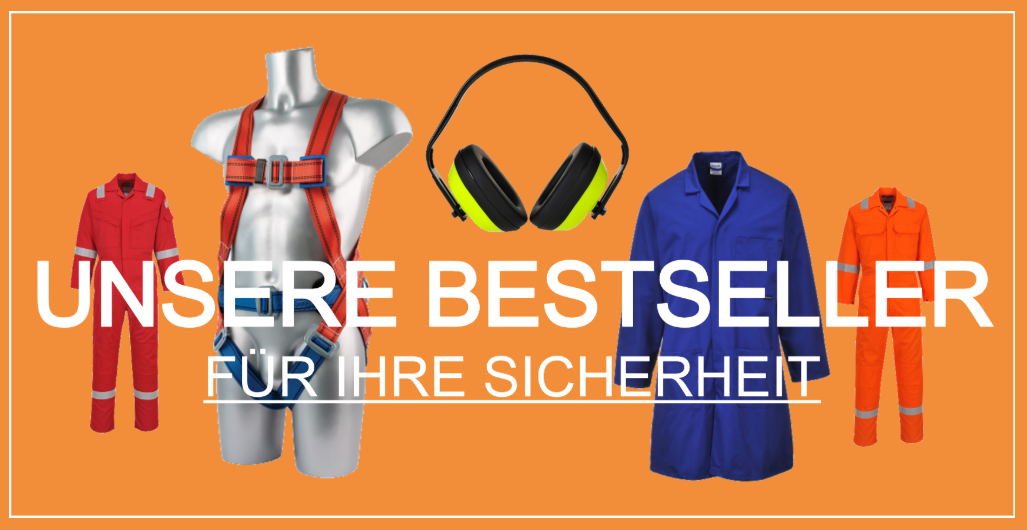 Aufreihung unserer meistgesuchten Produkte (Flammhemmender, antistatischer Overall Bizflame 210g FR21 in Rot, Portwest 2-Punkt-Komfort-Auffanggurt FP14 in Rot und Blau auf graunem Plastiktorso, Klassischer Kapselgehörschutz PW40 in Schwarz und Gelb, Standard Berufsmantel 2852 in Blau und Flammhemmender Overall Bizweld Iona BIZ5 in Orange) auf orangem Grund. Davor befinden sich die Worte "Unsere Bestseller für Ihre Sicherheit" in weißen Blockbuchstaben. 