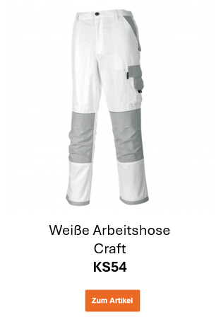 Bild der weißen Arbeitshose Craft KS54 in Weiß mit grauen Details. Ein Link zur Artikelseite der Hose ist hinterlegt.