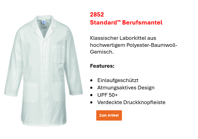 Bild des Standard Berufsmantels 2852 in Weiß mit kleinem Infotext und hinterlegtem Link, der zur Artikelseite führt.