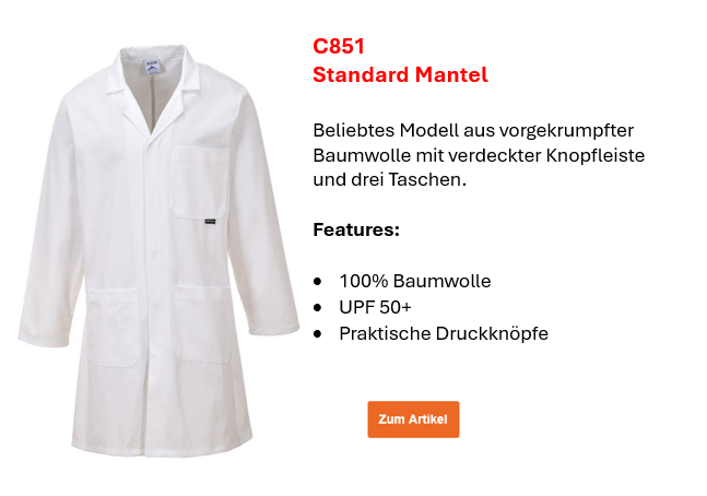 Bild des Standard Mantels C851 in Weiß mit kleinem Infotext und hinterlegtem Link, der zur Artikelseite führt.
