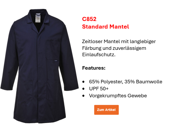 Bild des Standard Mantels C852 in Blau mit kleinem Infotext. Ein Link zur Artikelseite ist hinterlegt. 