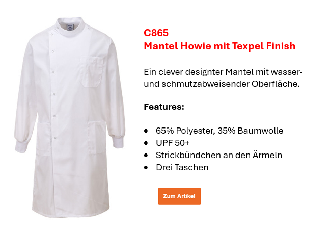 Bild des Mantels Howie mit Texpel Finish C865 in Weiß mit kleinem Infotext und hinterlegtem Link, der zur Artikelseite führt.