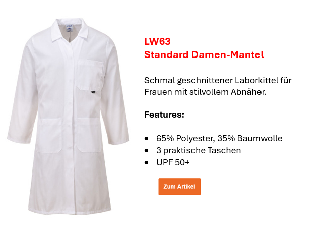 Bild des Standard Damen Mantels LW63 in Weiß mit kleinem Infotext und hinterlegtem Link, der zur Artikelseite führt.