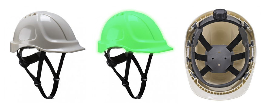 Beispielbild des Endurance Glowtex Schutzhelmes in dreifacher Ausführung: Tageslichtansicht des weißen Helmes, Nachtansicht des grün leuchtenden Helmes und Innenansicht mit Blick auf die verstellbaren Gurte. Ein Klick auf das Bild führt Sie direkt zur Artikelseite des Helms.