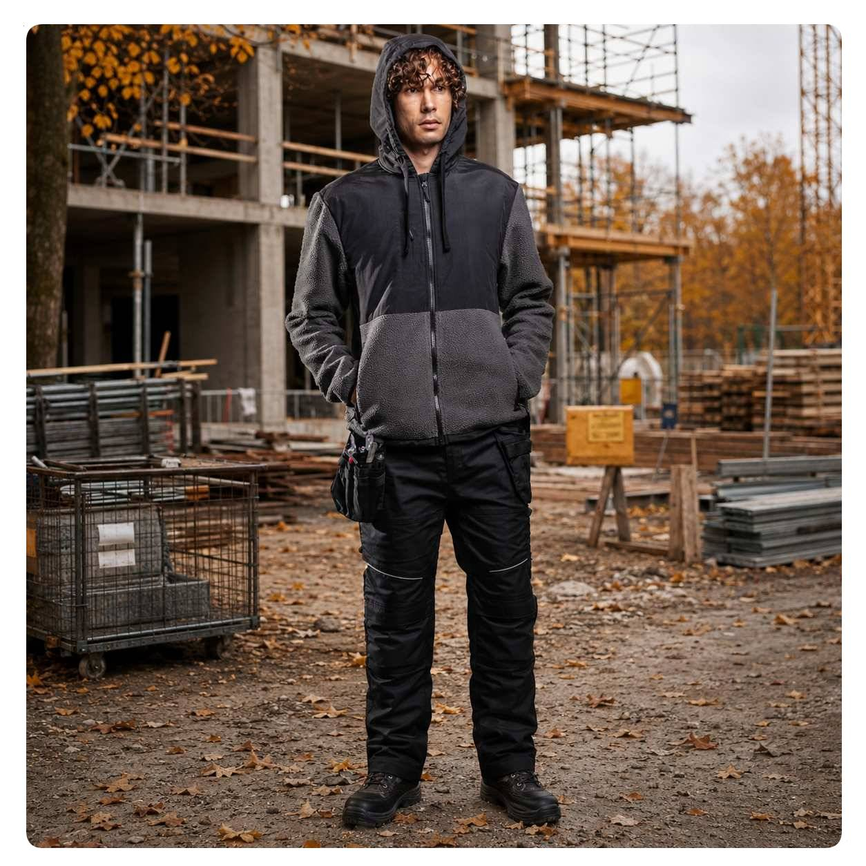 Ein Arbeiter in schwarz-grauer KX3 Borg Fleecejacke KX371. Ersteht vor eine Haus im Rohbau. Im Hintergrund sieht man herbstliche Bäume und grauen Himmel. Ein Link zur Fleecejacke ist hinterlegt.