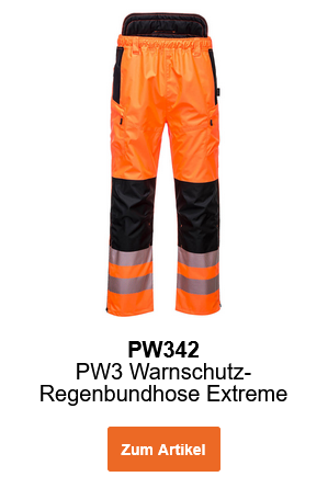Bild der PW3 Warnschutz-Regenbundhose Extreme PW342 in Orange mit Reflexstreifen und schwarzen Details. Ein Link zum Artikel ist hinterlegt.