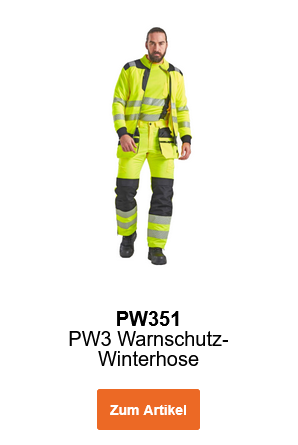 Bild eines Arbeiters mit braunem Haar und Bart, der die PW3 Warnschutz Winterhose PW351 in Gelb mit passender Jacke tr&auml;gt. Ein Link zur Hose ist hinterlegt.