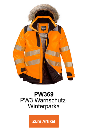 Bild des PW3 Warnschutz-Winterparkas PW369 in Orange mit Reflexstreifen und schwarzen Details.