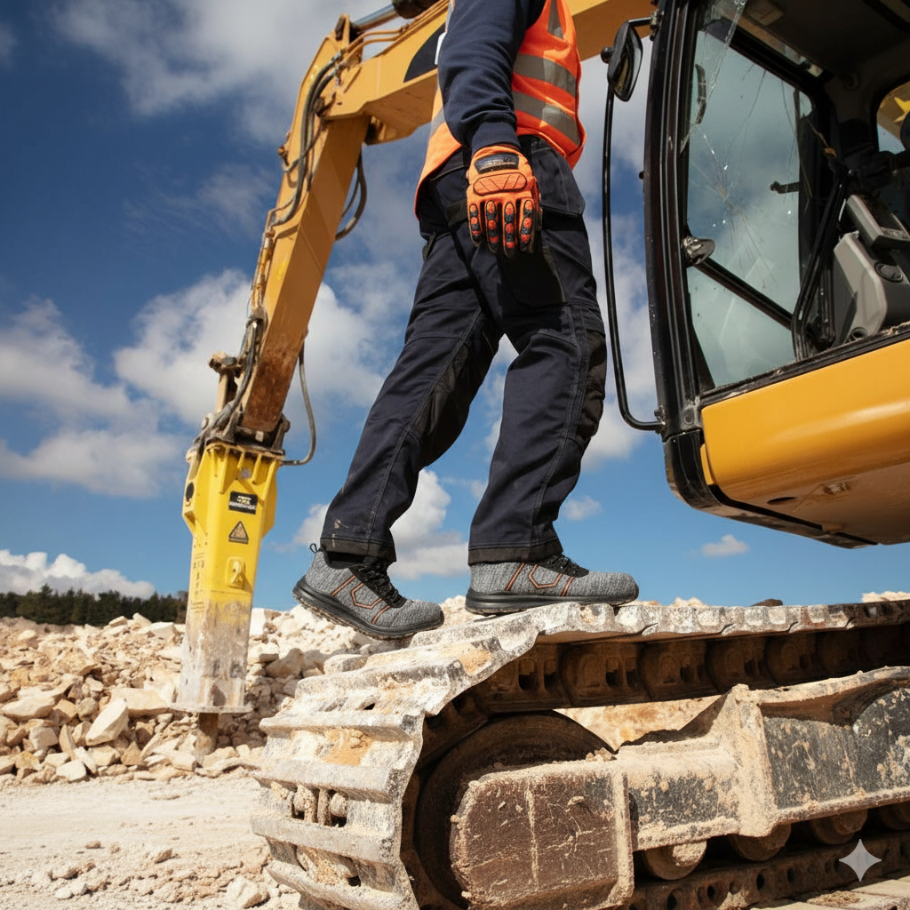 Bauarbeiter mit Warnweste und Handschuhen steht auf den Ketten eines gelben Baggers mit Hydraulikhammer, umgeben von Steinen auf einer Baustelle unter blauem Himmel. Ein Link zum Schuh ist hinterlegt.