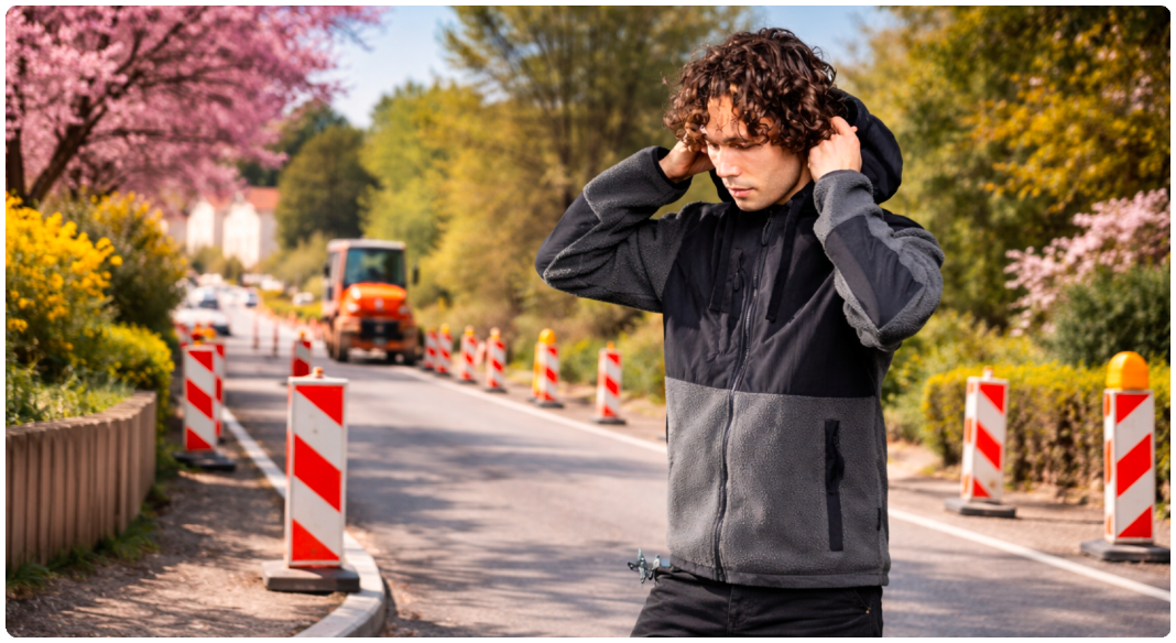 Mann in grauer und schwarzer Fleecejacke auf einer Straßenbaustelle im Frühling. Er richtet die Kapuze, während im Hintergrund rot-weiße Baustellenbaken, ein orangefarbenes Baufahrzeug und blühende Bäume entlang der Straße zu sehen sind. Ei Link zur Fleecejacke ist hinterlegt.