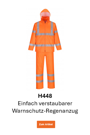 Bild des Einfach verstaubaren Warnschutz-Regenanzugs H448 in Orange mit Reflexstreifen und hinterlegtem Link, der zur Artikelseite führt.
