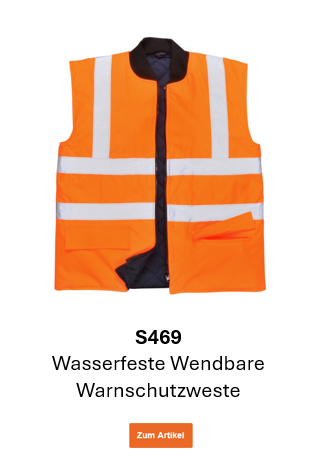 Bild der Wasserfesten, wendbaren Warnschutzweste S469 in Orage mit Reflexstreifen und hinterlegtem Link, der zur Artikelseite führt.