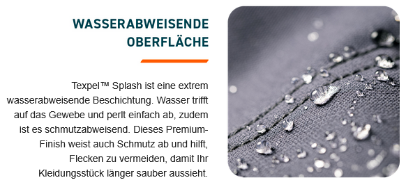 Schaubild, das die Oberfläche eines schwarzen Kleidungsstückes mit Wassertropfen darauf zeigt.