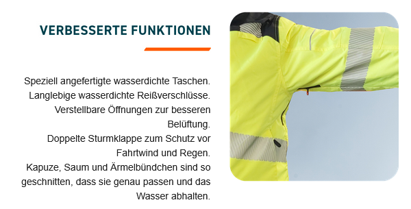 Bild einer Person vor hellblauem Hintergrund in gelber Regenjacke mit Reflexstreifen, die ihren Arm auf Schulterhöhe zur Seite ausstreckt. 