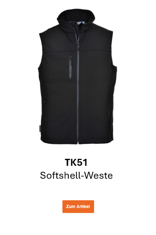 Bild der Softshell-Weste TK51 in Schwarz mit hinterlegtem Link, der zur Artikelseite führt.