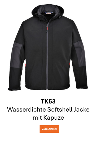 Bild der Wasserdichten Softshelljacke mit Kapuze TK53 in Schwarz mit grauen Details und hinterlegtem Link, der zur Artikelseite führt.