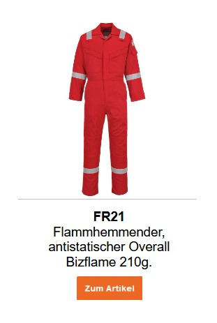 Bild des flammhemmenden, antistatischen Overalls Bizflame 210g FR21 in Rot. Ein Link zur Artikelseite ist hinterlegt.