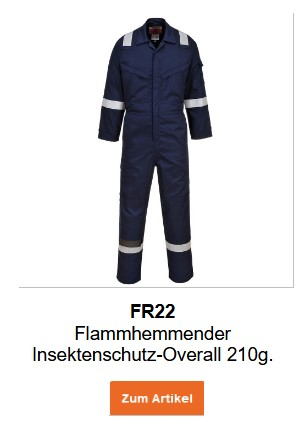 Bild des flammhemmenden Insektenschutz-Overalls 210g FR22 in Dunkelblau. Ein Link zur Artikelseite ist hinterlegt.