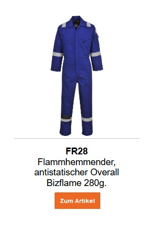 Bild des flammhemmenden, antistatischen Overalls Bizflame 280g FR28 in Blau. Ein Link zur Artikelseite ist hinterlegt.