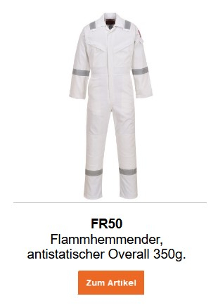 Bild des flammhemmenden, antistatischen Overalls Bizflame 350g FR50 in Weiß. Ein Link zur Artikelseite ist hinterlegt.