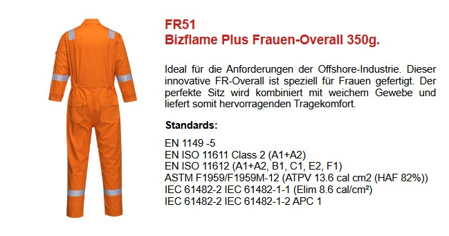 Bild des Bizflame Plus Frauen-Overalls 350g FR51 in Orange. Ein Link zur Artikelseite ist hinterlegt.