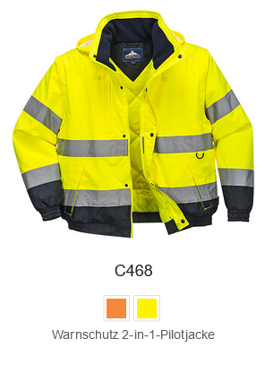 Beispielbild der Warnschutz-2-in-1-Pilotjacke C468 in Gelb mit hinterlegtem Link zum Artikel.