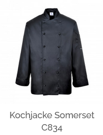 Beispielbild der Kochjacke Somerset C834 in Schwarz mit hinterlegtem Link zum Artikel.