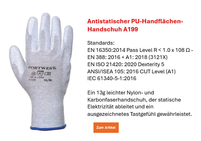 Bild des antistatischen PU-Handflächen-Handschuhs A199 in Grau mit kleiner Übersicht zu den Normen und Infotext. Der hinterlegte Link führt zur Artikelseite und den ausführlicheren Informationen. 
