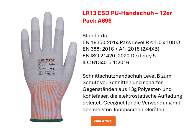Bild des LR13 ESD PU Handschuhs (12er Pack) A696 in Grau und Weiß mit roten Details. Daneben befindet sich eine kleine Übersicht zu den Normen und Infotext. Der hinterlegte Link führt zur Artikelseite und den ausführlicheren Informationen. 