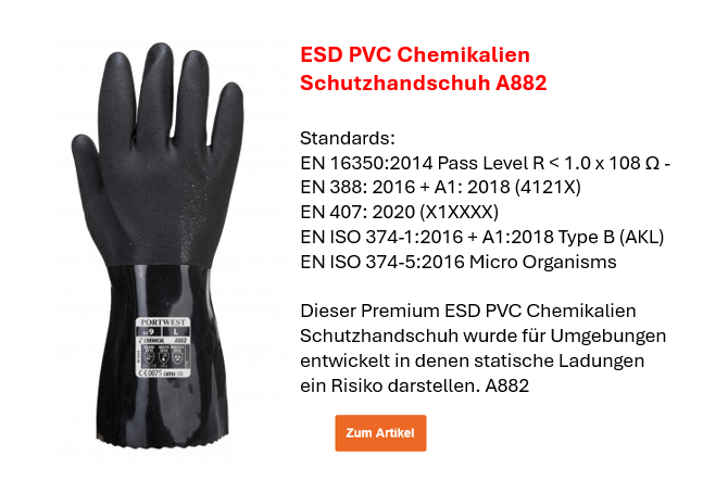 Bild des ESD PVC Chemikalien Schutzhandschuhs A882 in Schwarz mit kleiner Übersicht zu den Normen und Infotext. Der hinterlegte Link führt zur Artikelseite und den ausführlicheren Informationen. 