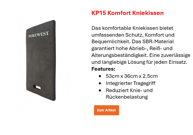 Bild des Komfort Kniekissen KP15 in Schwarz mit weißer Portwest-Aufschrift. Ein Link zum Artikel ist hinterlegt.
