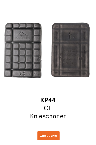 Bild der CE Knieschoner KP44 in Schwarz in der Vorder- und Rückansicht. Ein Link zum Artikel ist hinterlegt.