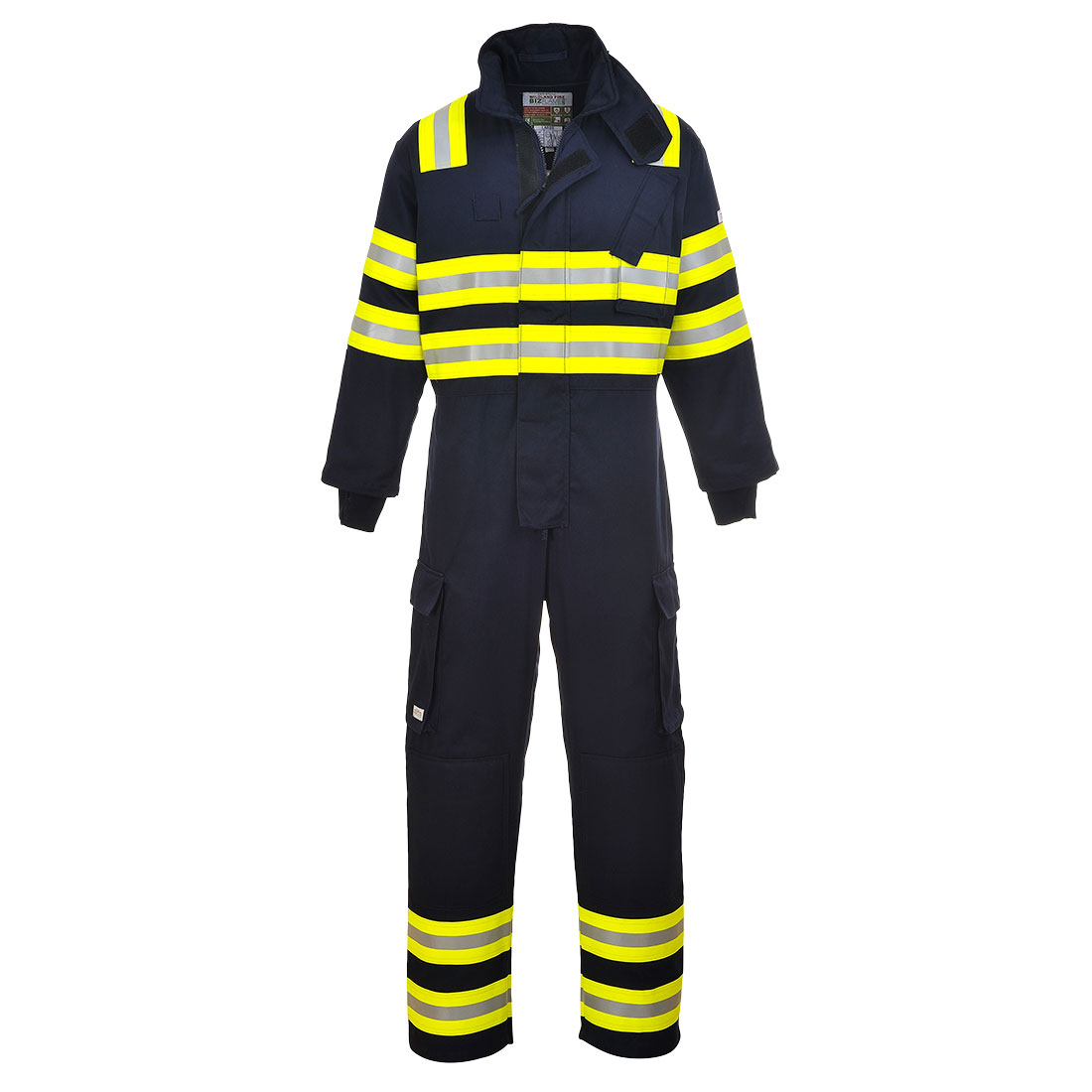 Flammhemmender Bizflame Overall Waldbrand FR98 in Blau mit gelben Warnstreifen und Reflexstreifen. Link zum Artikel hinterlegt. 