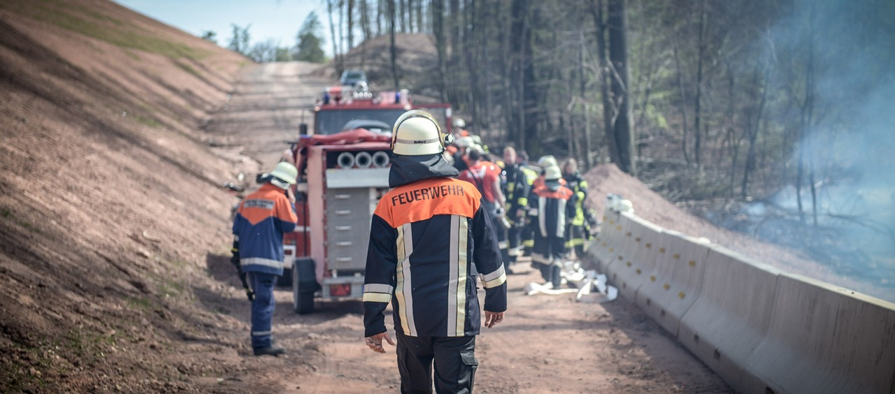 Rückenansicht eines Feuerwehrmannes in voller Montur. Im Hintergrund sieht man ein Feuerwehrauto auf einem Waldweg und eine Gruppe Feuerwehrleute bei der Arbeit. Der Link zum Flammhemmenden Bizflame Overall Waldbrand FR98 ist hinterlegt. 