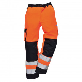 Portwest Warnschutzhose Lyon TX51 in Orange/Blau. Ein Link zur Artikelseite ist hinterlegt.