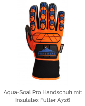 Aqua-Seal Pro Handschuh mit Insulatex Futter A726 in Orange, Schwarz und Blau mit hinterlegtem Link zur Artikelseite. 