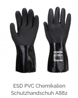 ESD PVC Chemikalien Schutzhandschue A882 in Schwarz mit hinterlegtem Link zum Artikel.
