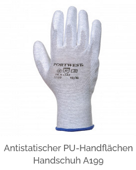Bild des antistatischen PU-Handflächenhandschuhs A199 in Grau mit hinterlegtem Link zum Artikel.