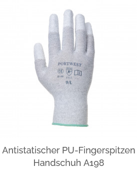 Bild des antistatischen PU-Fingerspitzenhandschuhs A198 in Grau mit hinterlegtem Link zum Artikel.