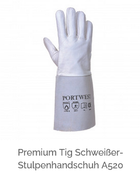 Bild des Premium Tig Schweißer-Stulpenhandschuhs A520 in Grau mit hinterlegtem Link zur Artikelseite.