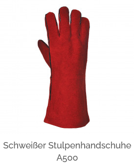 Schweißer Stulpenhandschuh A500 in Rot mit hinterlegtem Link zum Artikel.