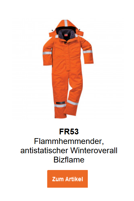 Bild des Flammhemmenden, antistatischen Winteroveralls Bizflame FR53 in Orange mit Reflexstreifen. Ein Link zur Artikelseite ist hinterlegt.