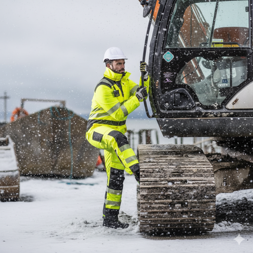 Ein Arbeiter im PW3 Warnschutz Winteroverall PW352 in Gelb mit Reflexstreifen steigt in einen Bagger. Im Hintergrund sind eine verschneite Baustelle und weitere Baumaschinen zu sehen. Ein Link zu unseren Winteroveralls ist hinterlegt.