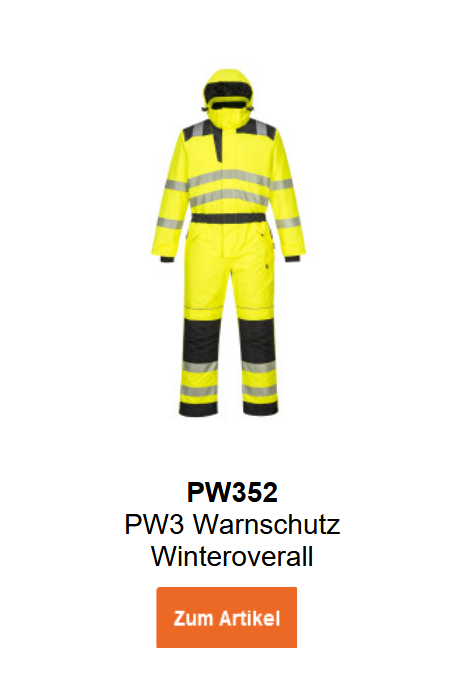 Bild des PW3 Warnschutz-Winteroveralls PW352 in Gelb mit schwarzen Details und Reflexstreifen. Ein Link zur Artikelseite ist hinterlegt.