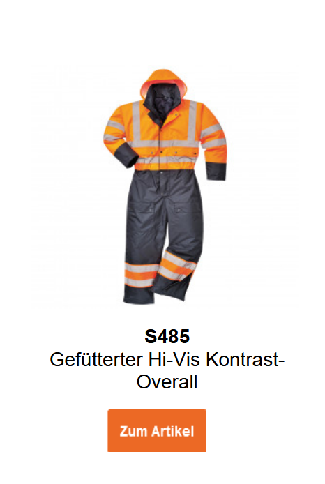 Bild des gef&uuml;tterten Hi-Vis Kontrast Overalls S485 in Orange mit schwarzen Details und Reflexstreifen. Ein Link zur Artikelseite ist hinterlegt.