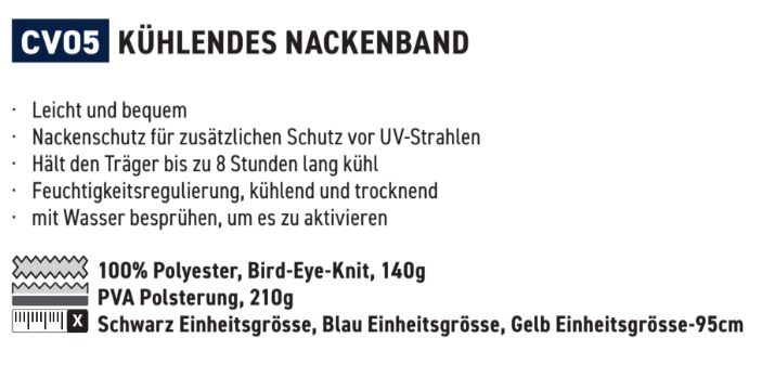 Beschreibung der Eigenschaften des kühlenden Nackenbandes CV05 mit Link zum Artikel. Wenn Sie dem Link folgen, finden Sie die Beschreibungen im Detail.